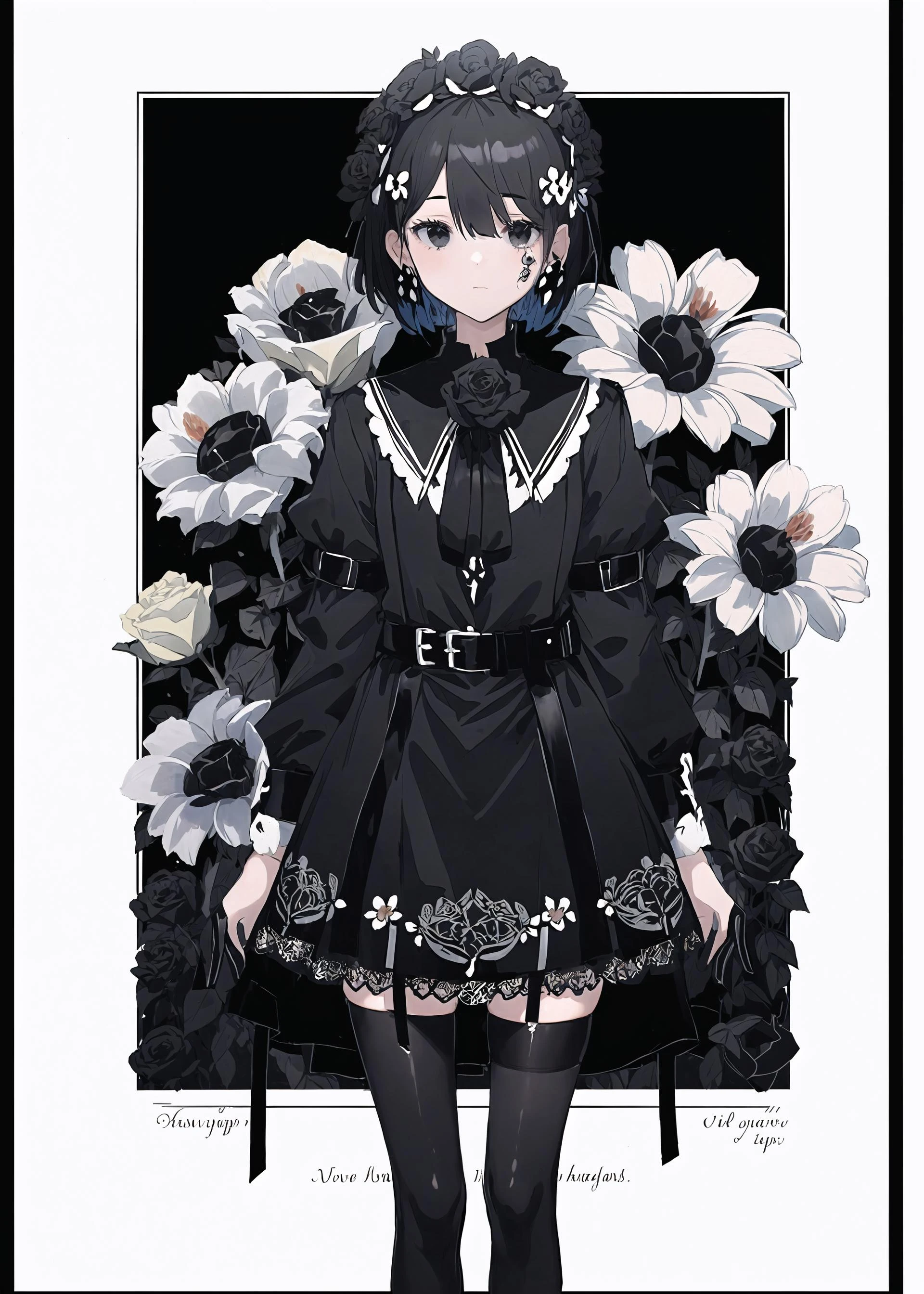 ((black theme:1.5)),
((best quality)), ((masterpiece)), ((ultra-detailed)), (illustration), (detailed light), (an extremely delicate and beautiful),
incredibly_absurdres,(glowing),
(1girl:1.7),solo,a beautiful girl,(((cowboy shot))),standding,((Hosiery)),((beautiful dress+stocking):1.25),((Belts)),(leg loops),((Hosiery)),((flower headdress)),((short hair)),(((beautiful black eyes))),
((english text)),(flower:1.65),(rose),(garden),(((border:1.75))),