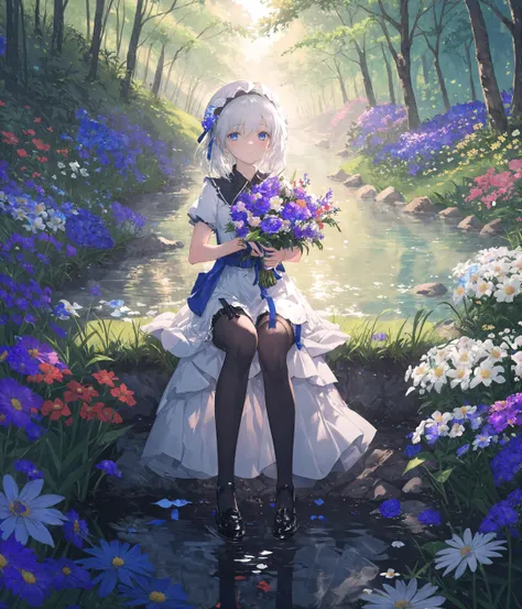 ((best quality)), ((masterpiece)), ((ultra-detailed)), (illustration), (detailed light), (an extremely delicate and beautiful),
incredibly_absurdres,(glowing),reflection,
(1girl:1.7),solo,a beautiful girl,(((full body))),sitting on grassland,(holding bouquet),((beautiful Dress+stocking):1.25),((Belts)),(leg loops),((headdress)),((white hair)),(((beautiful blue eyes))),
(flower:1.65),((outdoors)),(nature),(river),(grassland)