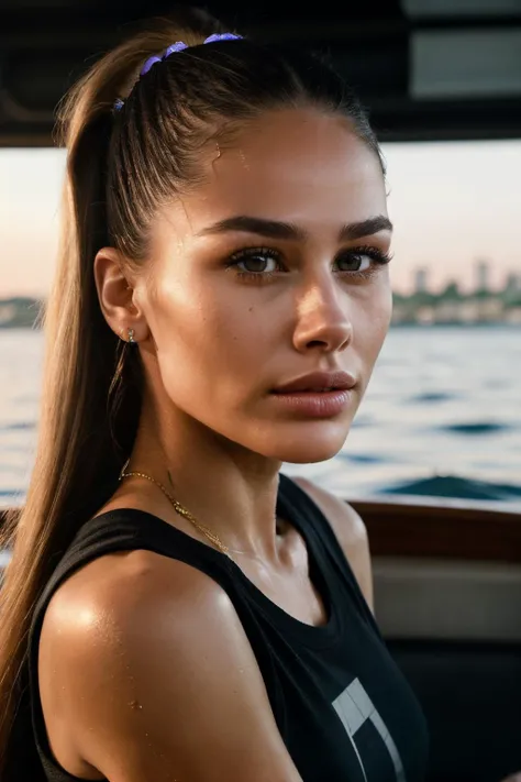 RAW, real photo portrait, zaraZof1, on a boat, (wearing a wet black t-shirt), pretty face, insanely detailed eyes, light blonde hair, high ponytail, bokeh, natural light, depth of field, golden hour, sharp focus