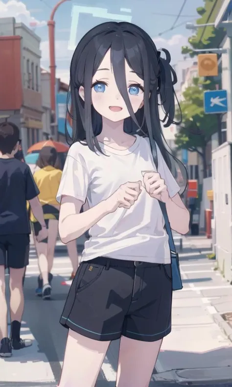 (masterpiece, best quality, highres),
<lora:aris_v02:0.65> , aris tendou, white shirt, short shorts, open mouth, smile, hair between eyes,
outdoors, street