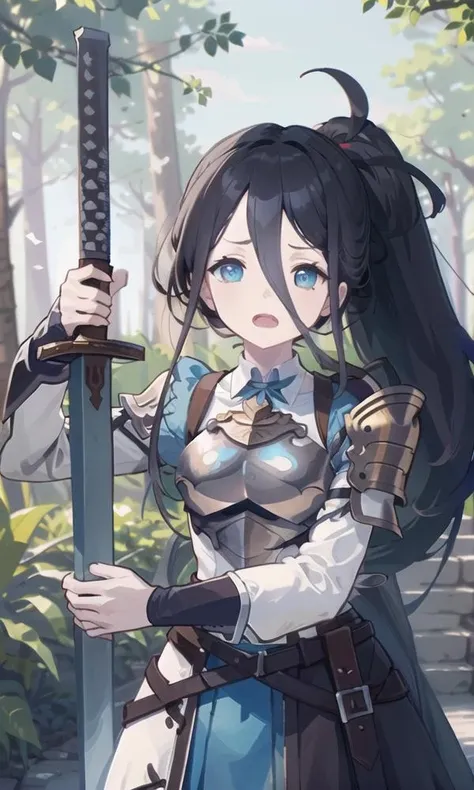 (masterpiece, best quality, highres),
<lora:aris_v02:0.65> , aris tendou, shoulder armor, breastplate, weapon, holding sword, open mouth, long hair, ponytail, hair between eyes,
outdoors, forest,