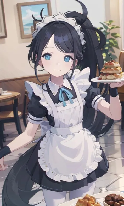 (masterpiece, best quality, highres), 
<lora:aris_v02:0.65> , aris tendou, aris tendou \(maid\), very long hair, ponytail, holding, waitress, holding plate, restaurant, indoors