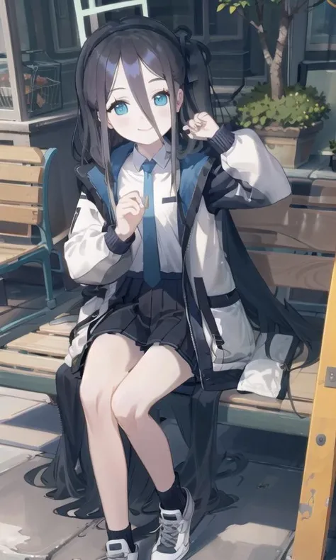 (masterpiece, best quality, highres), 
<lora:aris_v02:0.7>, aris tendou,aris tendou \(millennium unifrom\),
hair between eyes, looking at viewer, very long hair, one side up, solo, sitting, halo, smile, 
outdoors, bench, park,