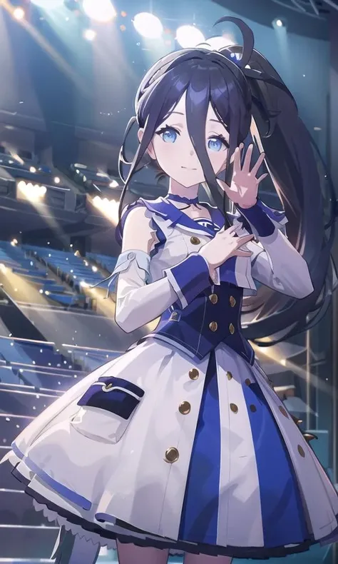 (masterpiece, best quality, highres), 
<lora:aris_v02:0.65>, aris tendou, idol clothes, hair between eyes, ponytail, very long hair, waving, 
stage, stage lights,
