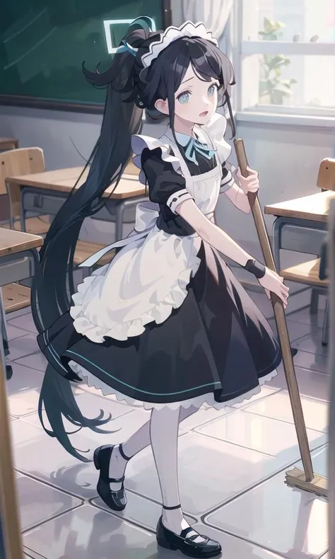 (masterpiece, best quality, highres),
<lora:aris_v02:0.6> , aris tendou, aris tendou \(maid\), very long hair, ponytail, shoes, holding, holding broom, shoes, broom, halo, mop, open mouth,
indoors, classroom,