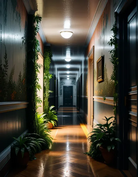 liminal space inside a quiet empty hallways, rainy, natural light filtering in, overgrown plants,peeling wallpaper, at twilight,
Masterpiece,best quality,hi res,8k,hi res,8k,award winning,(sharp focus, intricate, highly detailed),