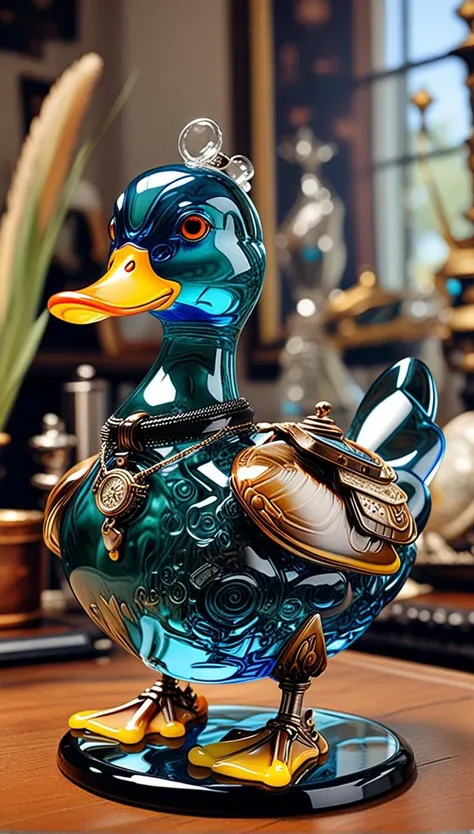 a duck on a table, detailed duck, realistic glass sculpture, murano glass sculpture, fantasy duck concept portrait, made out of glass, robot duck concept portrait, quak, portrait of mallard duck, statue made of glass, highly detailed and ornated, glass sculpture, inspired by jacob duck, kathy zyduck, steampunk rubber duck, duck, <lora:sdxl_lightning_8step_lora.safetensors:0.6>