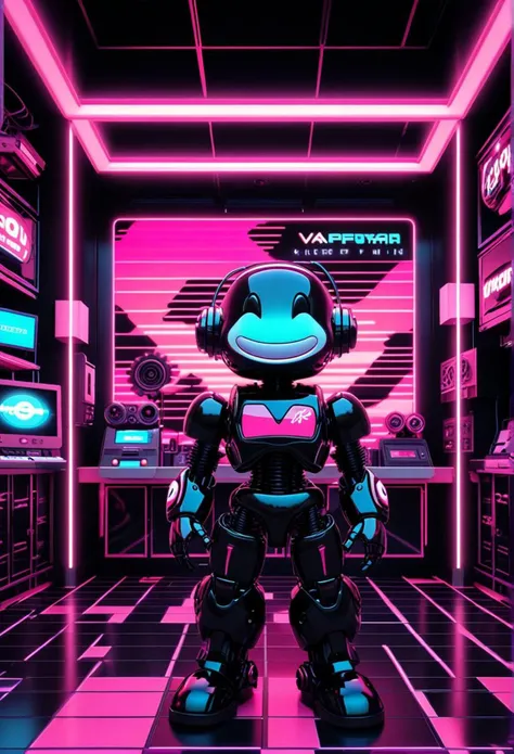 a with an elegant smile and mechanical parts in a black show room in the style of vaporwave background, pixer, <lora:sdxl_lightning_8step_lora.safetensors:0.6>