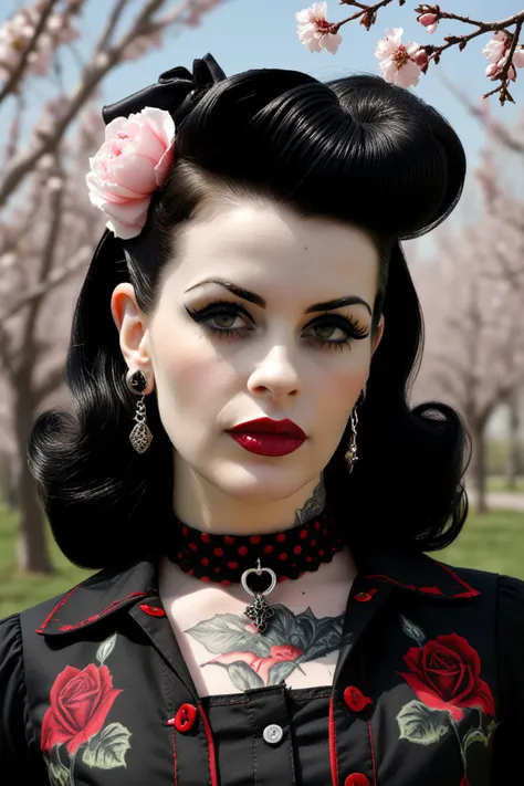 Gothic style, portrait, realistic, spring, rockabilly clothing