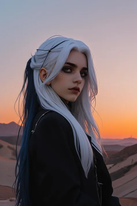 Gothic style, 1girl long hair, portrait, high detailed, looking at viewer, simple background, black hair,  white hair, multicolored hair,  streaming on twitch, character album cover, blues moment, style of Alessio Albi, daily wear, moody lighting, appropriate comparison of cold and warm, reality, at Sunset, mythpunk