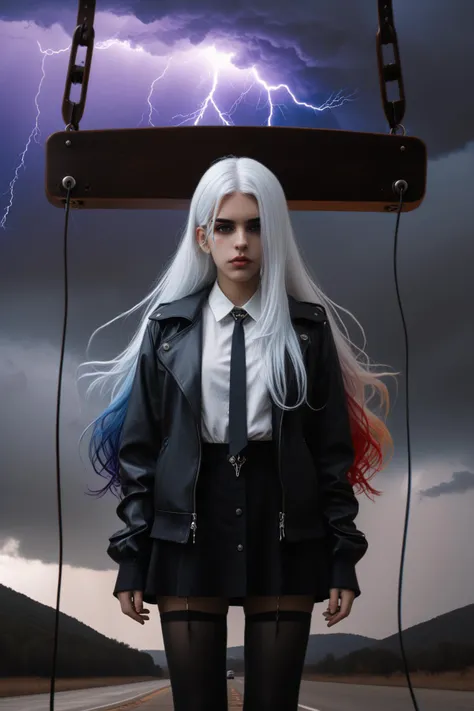 Gothic style, 1girl long hair, looking at viewer, simple background, black hair,  white hair, multicolored hair,  streaming on twitch, character album cover, blues moment, style of Alessio Albi, daily wear, moody lighting, appropriate comparison of cold and warm, reality, Thunderstorm, Brogues, Hangers