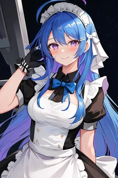 best quality, masterpiece, highres, solo, {maid:1.40}, {long maid dress:1.15}, {helena_azurlane:1.15}, blue_hair, long_hair, ahoge, purple_eyes, breasts, blush, bangs, hair_ornament, smile, medium_breasts, hair_between_eyes