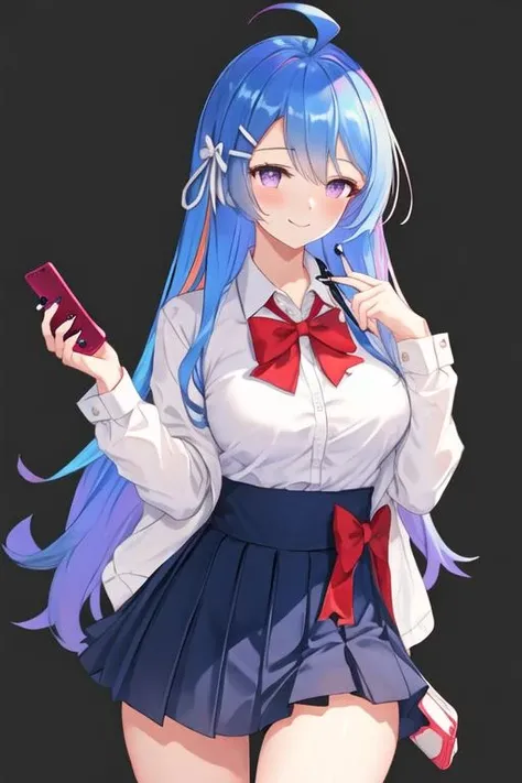 best quality, masterpiece, highres, solo, {helena_azurlane:1.15}, blue_hair, long_hair, ahoge, purple_eyes, breasts, blush, bangs, hair_ornament, smile, medium_breasts, hair_between_eyes, 1girl, bow, bowtie, hairclip, looking_at_viewer, multicolored_hair, red_bow, shirt, white_shirt, holding, purple_hair, school_uniform, simple_background, alternate_costume, cellphone, clothes_around_waist, collared_shirt, gyaru, holding_phone, long_sleeves, nail_polish, phone, smartphone, upper_body