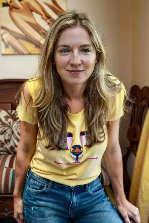 <lora:VC:1.0> masterpiece, best quality, detailed face, 1girl, realistic, solo, a 40 year old, mature,  v1873c, long_hair, blonde_hair, with a Fun Yellow t-shirt, jeans posing for a picture , shrine