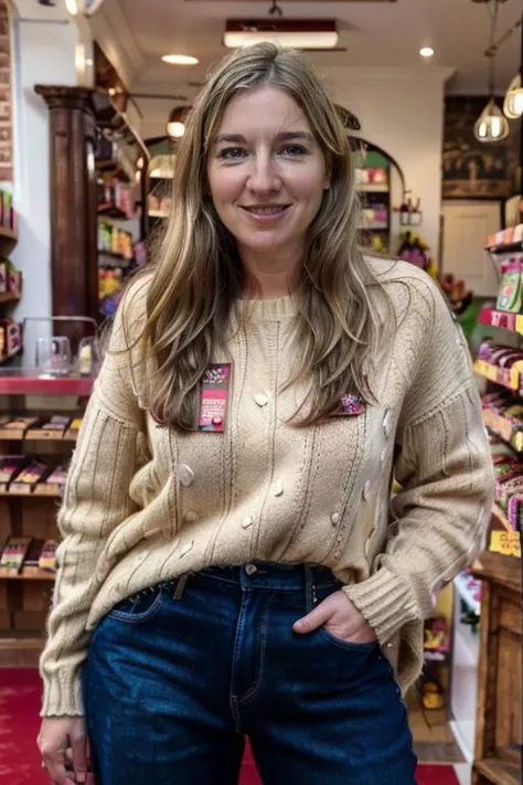 <lora:VC:1.0> masterpiece, best quality, detailed face, 1girl, realistic, solo, a 40 year old, mature, v1873c, long_hair, blonde_hair,in a sweet shop, cadbury creme eggs, jumper, jeans