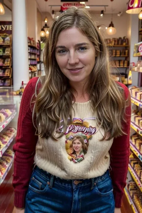 <lora:VC:1.0> masterpiece, best quality, detailed face, 1girl, realistic, solo, a 40 year old, mature, v1873c, long_hair, blonde_hair,in a sweet shop, cadbury creme eggs, jumper, jeans