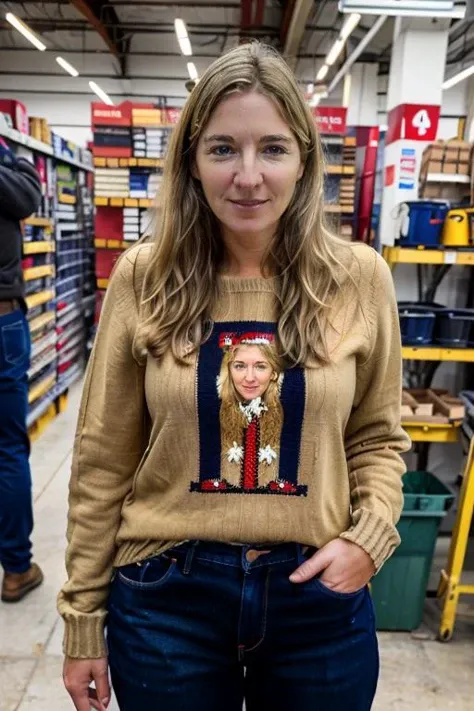 <lora:VC:1.0> masterpiece, best quality, detailed face, 1girl, realistic, solo, a 40 year old, mature, v1873c, long_hair, blonde_hair, in a hardware shop, drills, mechanical, jumper, jeans