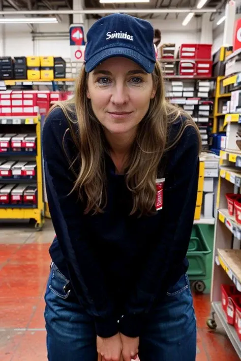 <lora:VC:1.0> masterpiece, best quality, detailed face, 1girl, realistic, solo, a 40 year old, mature, v1873c, long_hair, blonde_hair, in a hardware shop, drills, mechanical, jumper, jeans