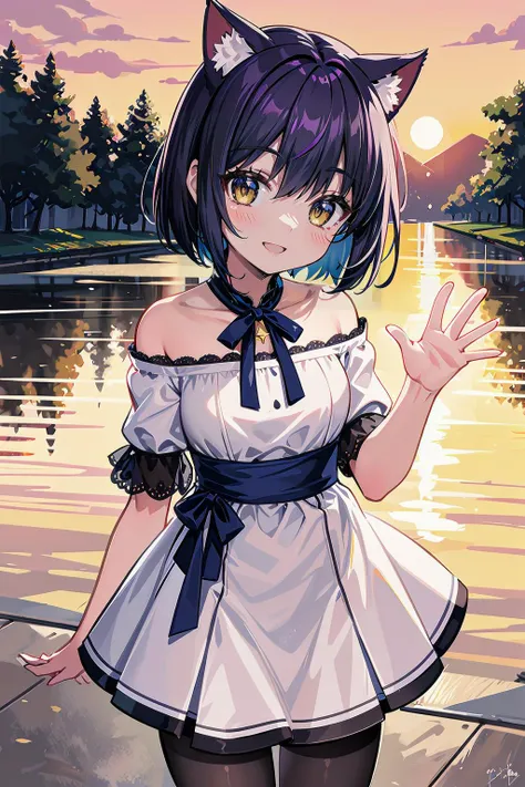 masterpiece,highest quality,huge filesize,highres,hyper detailed,anime artwork,animestyle,
1girl,(solo),
(golden amber eyes),
lavender purple hair,short cut bob,cat ears,laugh smile,
off-shoulder white dress,dress length above the knee,(dress with purple ribbon:1.2),pantyhose,
Evening sunset sky,girl waving hand,cheerful expression,standing against vibrant colors of twilight,warm and welcoming gesture,facing towards camera,illuminated by the soft glow of the setting sun,