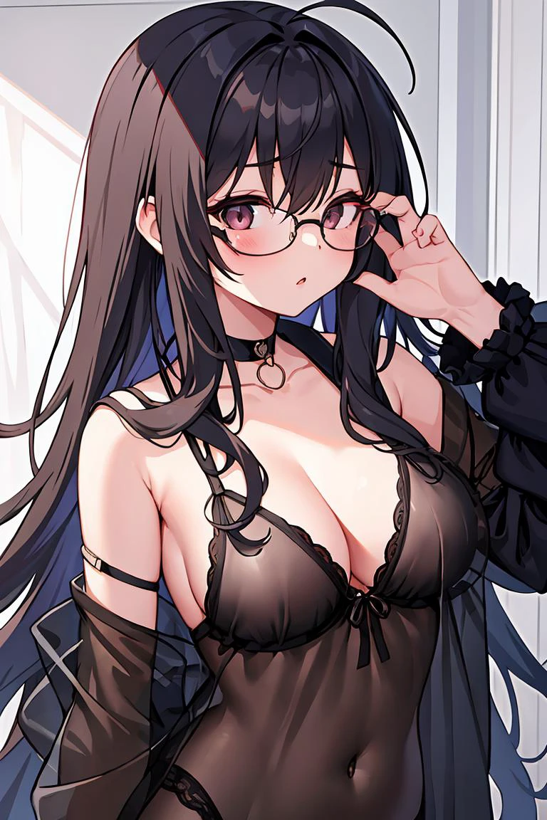 (masterpiece, best quality), 1girl, messy hair, choker, black silk pajamas, see-through, glasses,
