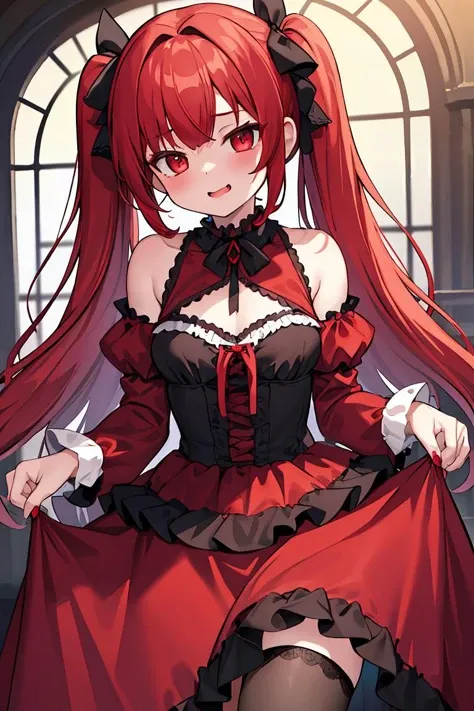 (masterpiece, best quality), 1girl, red hair, medium chest, gothic frill dress, pervert face,