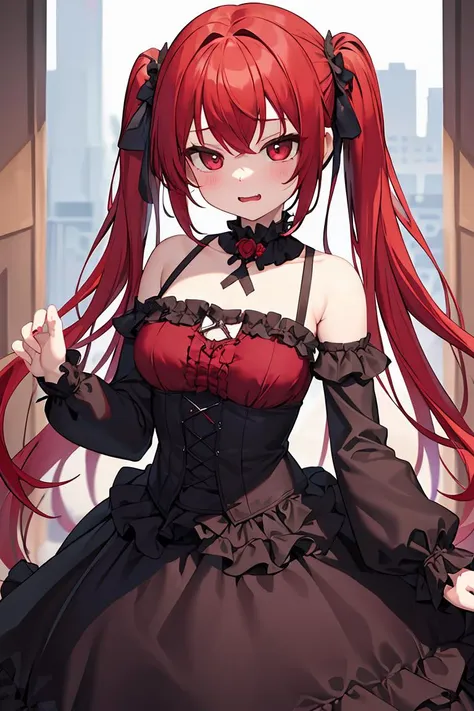 (masterpiece, best quality), 1girl, red hair, medium chest, gothic frill dress, pervert face,