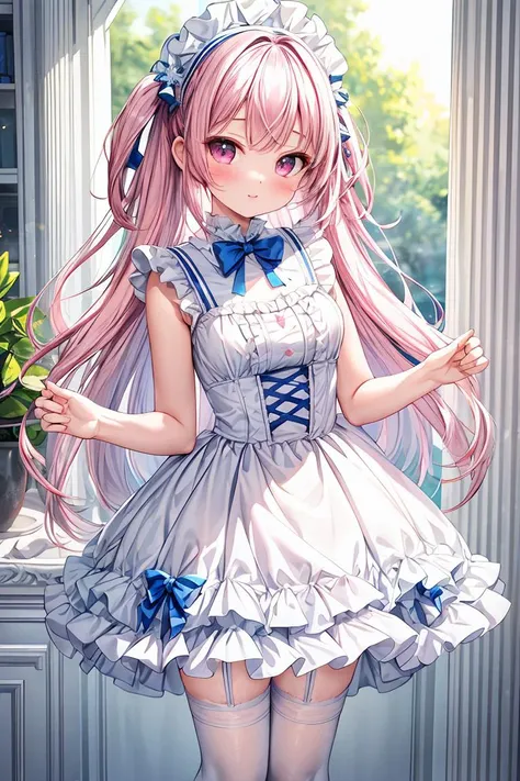 (masterpiece, best quality), 1girl, blue and white frill dress, (white stockings), pink hair, cute face, standing, indoor, intricate detail, sunlight, <lora:add_detail:1>