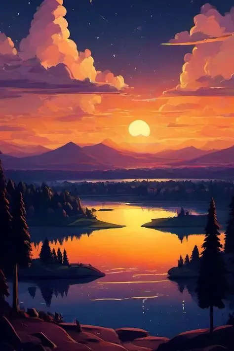 masterpiece high quality
<lora:PE_ToonLand:1> PEToonLand
lake,sunset,stars