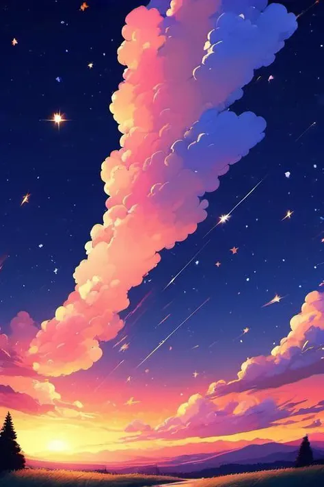 sky, star (sky), scenery, sunset, outdoors, cloud, starry sky, gradient sky, star (symbol), shooting star, horizon, blurry, <lora:PE_ToonLand:0.8>