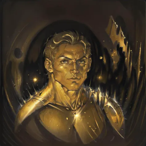 a gold_glass portrait of a male superhero posing, the moon in the background, <lora:gold_glass_v2:1> , <lora:kenkelly:1>