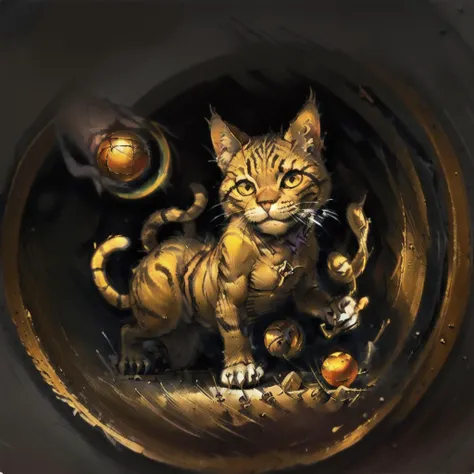 a gold_glass portrait of a cat playing with a ball of string, <lora:gold_glass_v2:1> , <lora:kenkelly:1>
