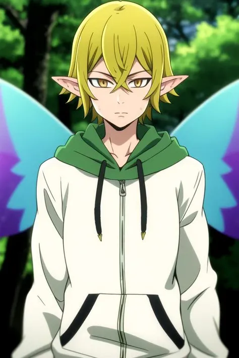 masterpiece, best quality, high quality, 1boy, solo, male focus, looking at viewer, upper body, depth of field, <lora:helbram_nanatsu_no_taizai:0.72>, helbram_nanatsu_no_taizai, , wings, white wings, fairy, hoodie