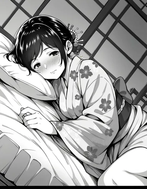 score_9, score_8_up, score_7_up, source_anime,
natsutojun, <lora:jorori-natsu-manga-ponyxl-lora-nochekaiser:1>,
natsu to jun, short hair, bangs, hair ornament, mole, mole under eye, swept bang, monochrome, greyscale,
long sleeves, japanese clothes, kimono, sash, obi, floral print,
indoors, bed, bed room, on side, blush, drunk,
looking at viewer, solo, cowboy shot, dutch angle,