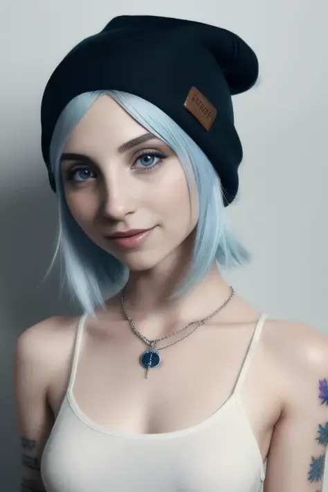 piperperri, masterpiece, best quality, high quality,extremely detailed CG unity 8k wallpaper, 1girl, solo, blue hair, tattoo, short hair, beanie, jewelry, smile, necklace, looking at viewer, hat, realistic, open mouth, teeth, upper body, tank top, nose, bare shoulders, artist name, black headwear, collarbone, arm tattoo, blue eyes, lips, blurry, oil paiting, award winning photography, Bokeh, Depth of Field, HDR, bloom, Chromatic Aberration ,Photorealistic,extremely detailed, trending on artstation, trending on CGsociety, Intricate, High Detail, dramatic, art by midjourney, <lora:PiperPerri:0.9>