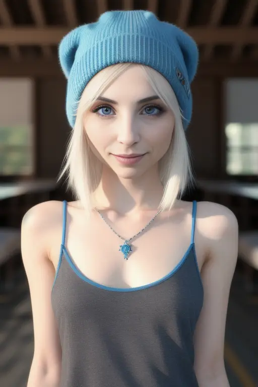 piperperri, masterpiece, best quality, high quality,extremely detailed CG unity 8k wallpaper, 1girl, solo, blue hair, tattoo, short hair, beanie, jewelry, smile, necklace, looking at viewer, hat, realistic, open mouth, teeth, upper body, tank top, nose, bare shoulders, artist name, black headwear, collarbone, arm tattoo, blue eyes, lips, blurry, oil paiting, award winning photography, Bokeh, Depth of Field, HDR, bloom, Chromatic Aberration ,Photorealistic,extremely detailed, trending on artstation, trending on CGsociety, Intricate, High Detail, dramatic, art by midjourney, <lora:PiperPerri:0.9>