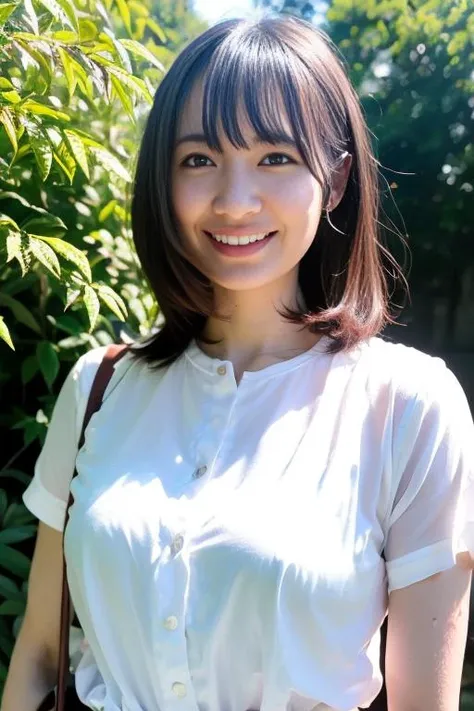 (8K、RAW Photos、Highest quality、masterpiece:1.2)、(Realistic、Realistic)、1 girl、((White high-leg dress swimsuit:1.5、With pubic hair、Large Breasts、Full body from the front、Standing with hands behind back、、Lots of eyelashes、Glowing eyelids、skeletally correct、smile、This photo will awaken boys to sex