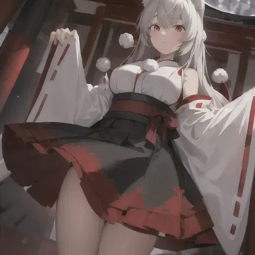 ((masterpiece)), 1girl, big_breasts, red_headwear, black_skirt, red_eyes, tokin_hat, wolf_tail, japanese_cloth  <lora:InubashiriLORA-05:1>, detailed
