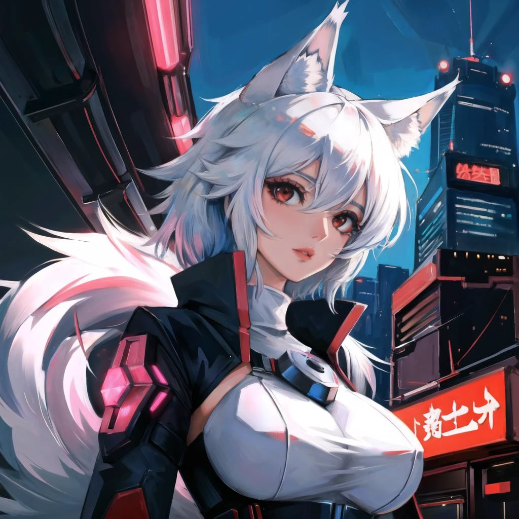 cyberpunk, from below, futuristic city, detailed background, futuristic, masterpiece, best quality, absurdres, white hair, wolf girl, wolf tail, red eyes, detailed, <lora:InubashiriLORA-05:1>