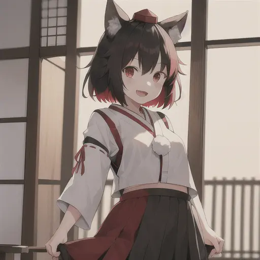 :d, 1girl, red_headwear, black_skirt, red_eyes, tokin_hat, wolf_tail, japanese_cloth <lora:InubashiriLORA-05:1>, detailed