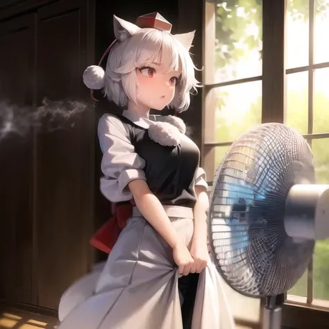 red eyes, white hair, tokami hat, skirt lift, (electric fan), 1girl, sweat, hot, (steam), standing, <lora:electric-fan:1> <lora:InubashiriLORA-05:1>