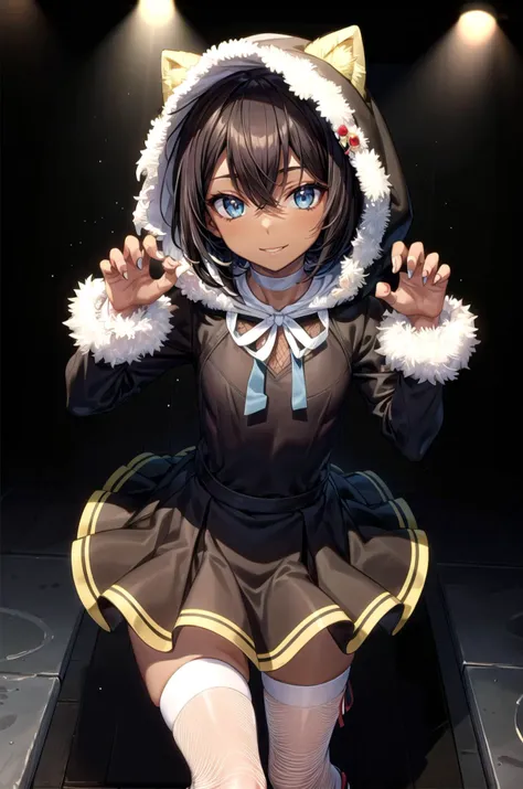 (masterpiece, best quality, detailed), 1girl, solo, y2p, (dark skin),black hair, short hair,
<lora:edgRaveGirls:1>, edgRavegirl, socks, hood, miniskirt, (multicolored clothes, colorful, multicolored skirt, multicolored legwear), fishnets, fur leg warmers, skirt, hood up, stage, stage lights, spotlight, concert, audience, claw pose, blue eyes, looking at viewer, seductive smile