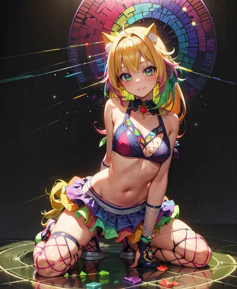 (masterpiece), (best quality),( detailed background, best lighting) ,((1girl)), (kawaii background:1.3), (extremely detailed fine touch:1.3), (hard light, studio light, light rays, dappled light, reflection, shadows, ray tracing:1.0), 1girl, long hair, light blonde, Princess, full body, sky, cloud, flower, glass shoes, mandala, stained glass, mosaic, snowflake, crystal, gemstone, rainbow, bubbles, (RGB effect:1.3), (reflect:1.3), light, edgRavegirl,dark, neon glow, miniskirt, multicolored clothes, colorful, multicolored skirt, multicolored legwear, rainbow hair ,wearing edgRavegirl,fishnets,fur leg warmers,skirt,bikini top only