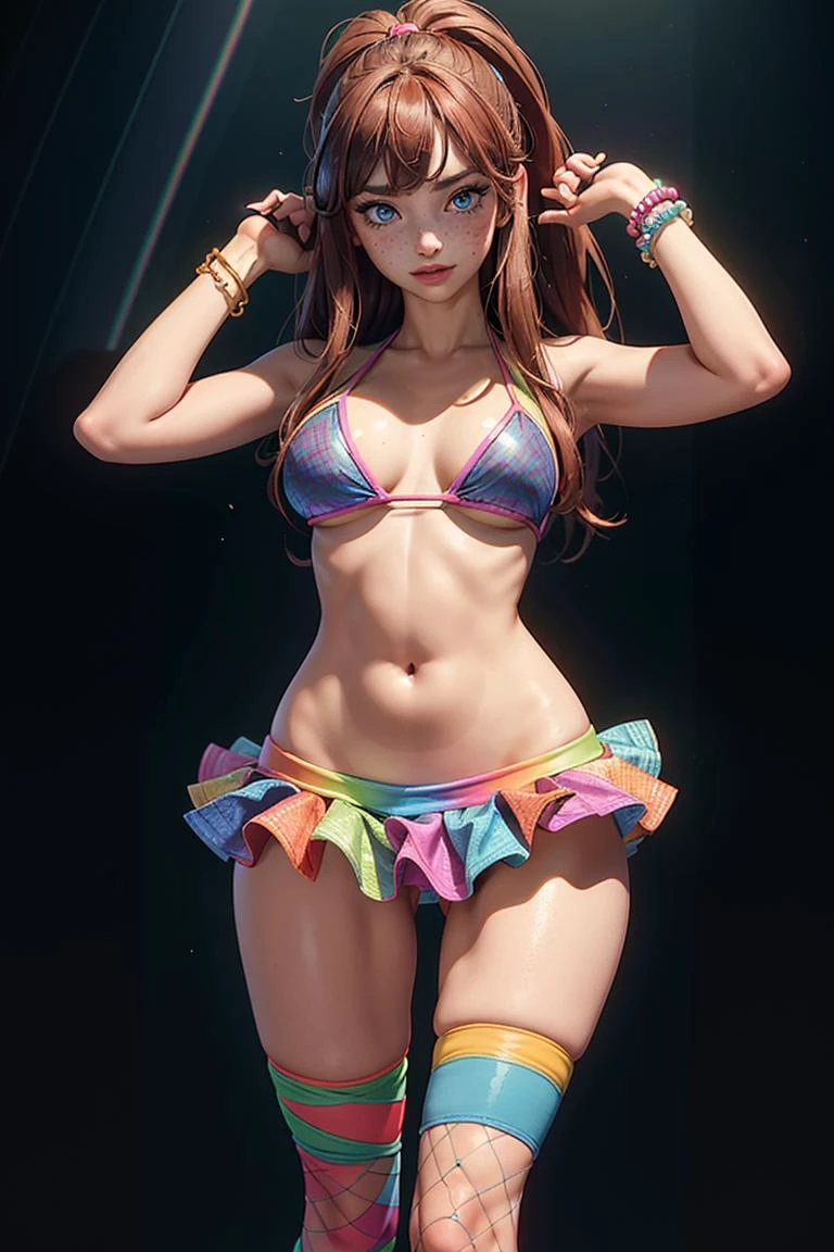(masterpiece, best quality, hires, high resolution:1.2, 4k, 8k , high quality), extremely detailed, realistic, intricate details, highres, 1girl, solo, red long hair, blue eyes, blush, freckles, (large breasts, thick thighs, wide hips), arched back,(cinematic lighting, sunlight, perfect lighting, backlighting), eye-level shot, extreme close-up-shot, naughty look, looking at viewer
colorful background, rave, full body
, multicolor rainbow bikini ,wearing edgRavegirl,fishnets,fur leg warmers,skirt,bikini top only,fishnet stockings, <lora:edgRaveGirls:0.8>, large breasts, bracelets, multicolor bracelets, hands on head