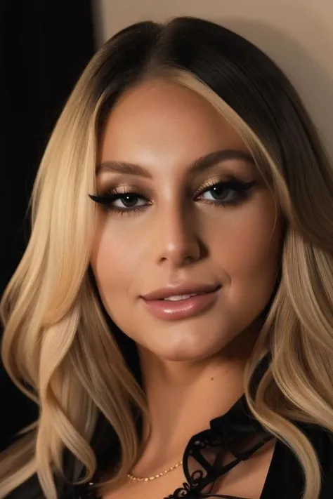 kayleygunnerlora, (blonde hair:1.2),  (wearing a black blouse:1.4),(RAW photo, best quality), (realistic, photo-realistic:1.4), masterpiece, an extremely delicate and beautiful, extremely detailed, 2k wallpaper, Amazing, finely detail, extremely detailed CG unity 8k wallpaper, ultra-detailed, highres, soft light, beautiful detailed girl, extremely detailed eyes and face, beautiful detailed nose, beautiful detailed eyes,cinematic lighting,city lights at night,perfect anatomy,slender body,smiling <lora:kayleygunnerlora:1>