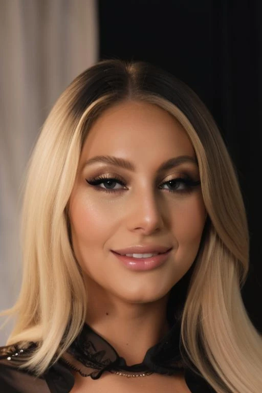 kayleygunnerlora, (blonde hair:1.2), (wearing a black blouse:1.4),(RAW photo, best quality), (realistic, photo-realistic:1.4), masterpiece, an extremely delicate and beautiful, extremely detailed, 2k wallpaper, Amazing, finely detail, extremely detailed CG unity 8k wallpaper, ultra-detailed, highres, soft light, beautiful detailed girl, extremely detailed eyes and face, beautiful detailed nose, beautiful detailed eyes,cinematic lighting,city lights at night,perfect anatomy,slender body,smiling <lora:kayleygunnerlora:1>