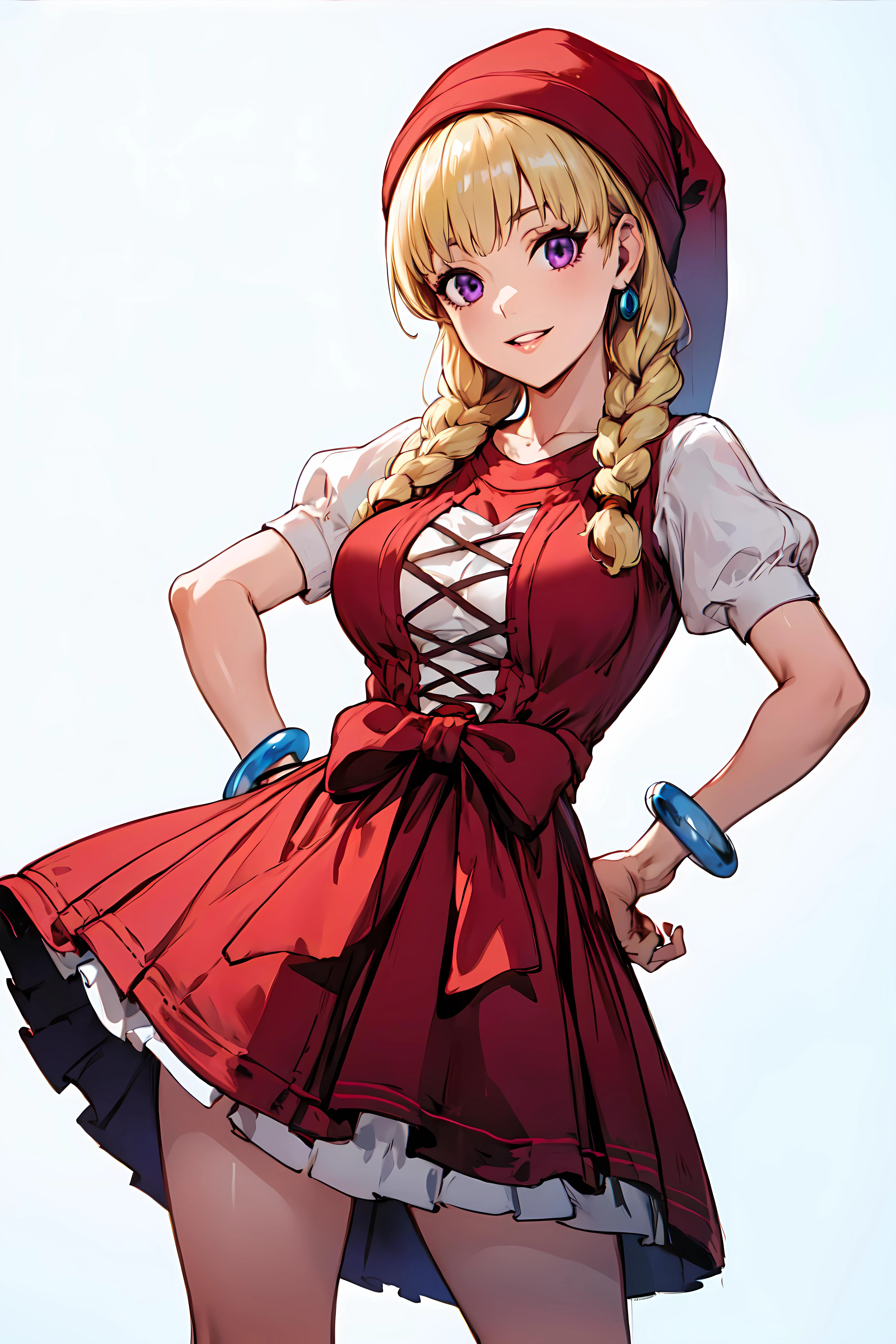 best quality, extremely detailed, anime style, key visual,
8k, high res,
<lora:hews style by goofy ai:0.4> <lora:cutesexyrobutts_v2:0.2> <lora:puuzaki-puuna-lora-v1:0.2> <lora:Maki Yoko_20230823184820:0.>
<lora:Kenshin187:0.>
<lora:Round_Breasts_V7:0.4>ROUND BREASTS, medium BREASTS
(simple background,:1.3)
1girl, (slender:1.2), waist, (muscular:0.6),
<lora:dq11_veronica:0.8>VERONICA \(DQ11\)
RED HAT
PURPLE EYES
RED DRESS
PUFFY SHORT SLEEVES
JEWELRY
BRACELET
standing , sexy pose, watching at viewer,
dutch angle, below shot, low angle short,
smile, parted lips watching at viewer