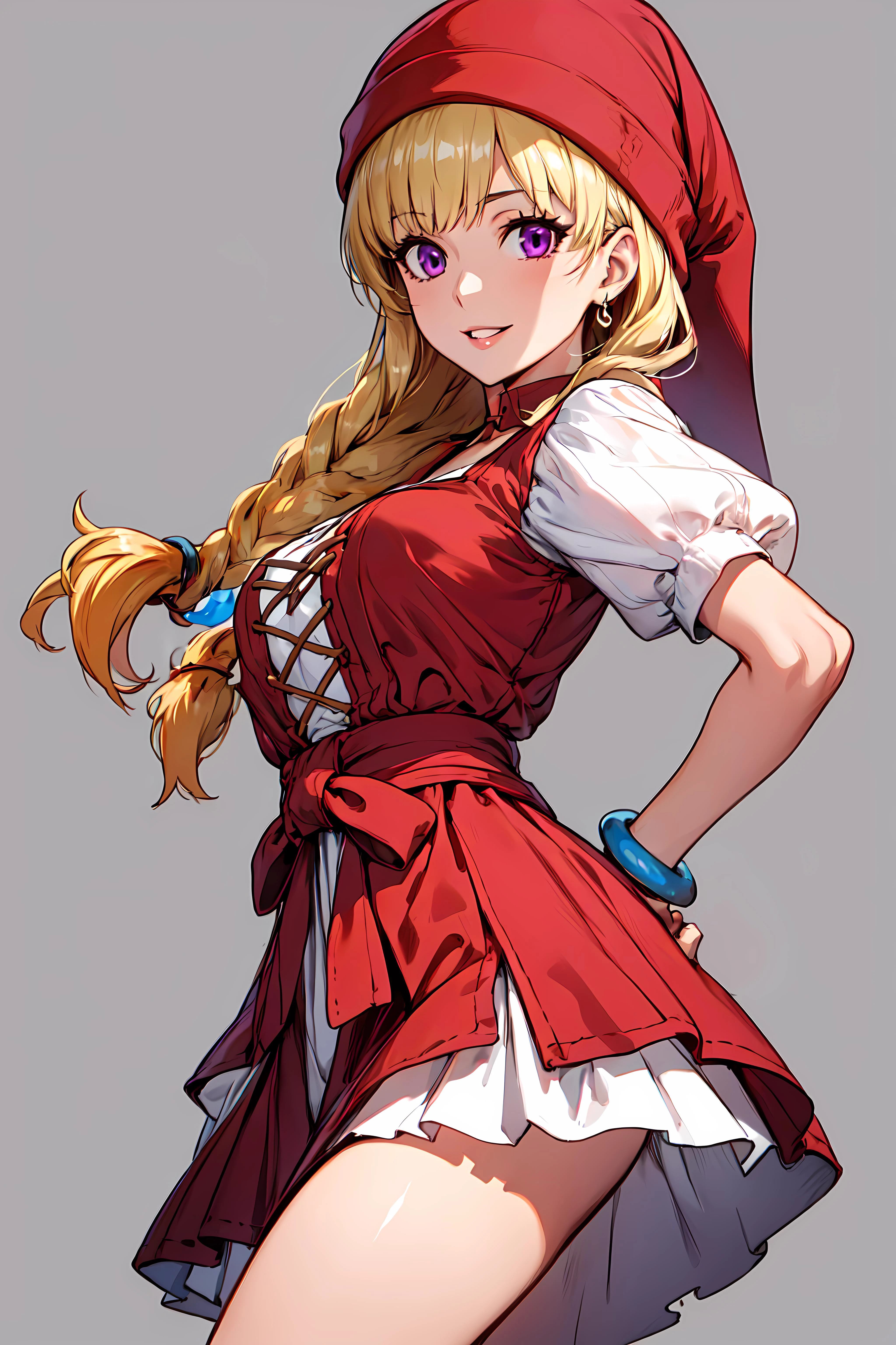 best quality, extremely detailed, anime style, key visual,
8k, high res,
<lora:hews style by goofy ai:0.4> <lora:cutesexyrobutts_v2:0.2> <lora:puuzaki-puuna-lora-v1:0.2> <lora:Maki Yoko_20230823184820:0.>
<lora:Kenshin187:0.>
<lora:Round_Breasts_V7:0.4>ROUND BREASTS, medium BREASTS
(simple background,:1.3)
1girl, (slender:1.2), waist, (muscular:0.6),
<lora:dq11_veronica:0.8>VERONICA \(DQ11\)
RED HAT
PURPLE EYES
RED DRESS
PUFFY SHORT SLEEVES
JEWELRY
BRACELET
standing , sexy pose, watching at viewer,
dutch angle, below shot, low angle short,
smile, parted lips watching at viewer