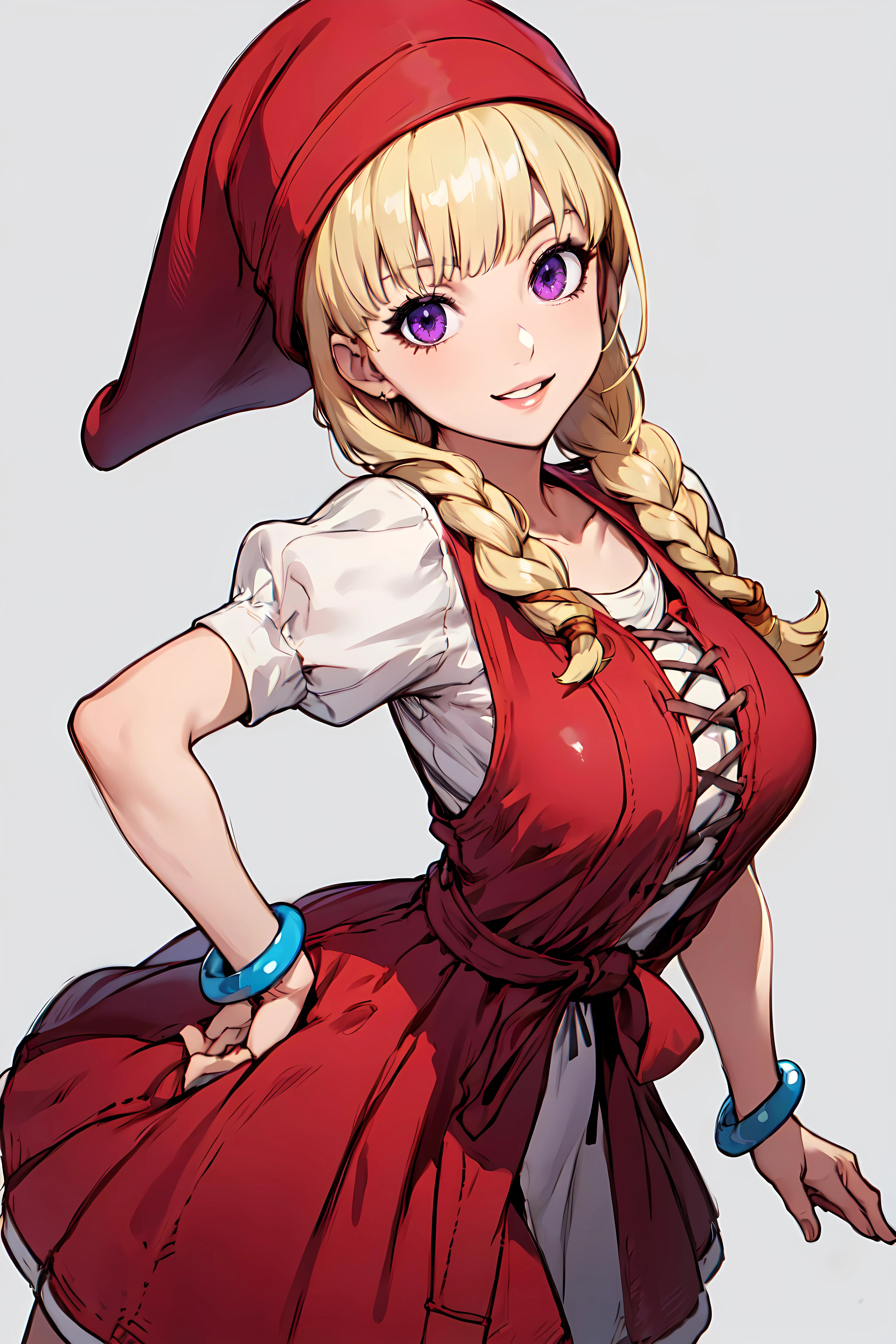 best quality, extremely detailed, anime style, key visual,
8k, high res,
<lora:hews style by goofy ai:0.4> <lora:cutesexyrobutts_v2:0.2> <lora:puuzaki-puuna-lora-v1:0.2> <lora:Maki Yoko_20230823184820:0.>
<lora:Kenshin187:0.>
<lora:Round_Breasts_V7:0.4>ROUND BREASTS, medium BREASTS
(simple background,:1.3)
1girl, (slender:1.2), waist, (muscular:0.6),
<lora:dq11_veronica:0.8>VERONICA \(DQ11\)
RED HAT
PURPLE EYES
RED DRESS
PUFFY SHORT SLEEVES
JEWELRY
BRACELET
standing , sexy pose, watching at viewer,
dutch angle, below shot, low angle short,
smile, parted lips watching at viewer