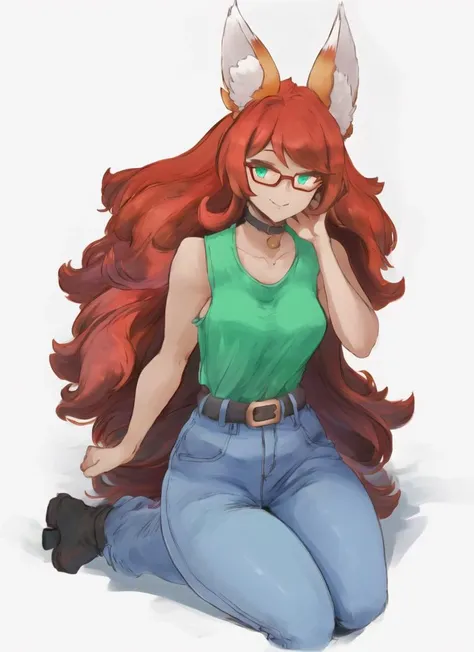 ((best quality)), ((highly detailed)), masterpiece, (detailed eyes, deep eyes), (1girl), (glasses), full body, <lora:hairdetailer:.8>, <lora:terraria_zoologist:.8>, zoologist (terraria), very long hair, red hair, brown eyes, dark skin, dark-skinned female, medium breasts, fox ears, fox tail, smile, green shirt, sleeveless, collarbone, pants, belt, <lora:cutesexyrobutts_v2:1.2>, csr style, pastel colors