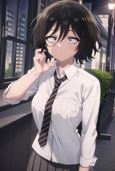 akiraasai, <lora:akira asai s1-lora-nochekaiser:1>,
akira asai, short hair, black hair, messy hair, bags under eyes, sanpaku, (black eyes:1.5), hair between eyes,
BREAK skirt, shirt, school uniform, white shirt, pleated skirt, necktie, striped, collared shirt, red necktie, grey skirt, sleeves rolled up, shirt tucked in, striped necktie,
BREAK outdoors, city, night sky, night, moon, star \(sky\),
BREAK looking at viewer,
BREAK <lyco:GoodHands-beta2:1>, (masterpiece:1.2), best quality, high resolution, unity 8k wallpaper, (illustration:0.8), (beautiful detailed eyes:1.6), extremely detailed face, perfect lighting, extremely detailed CG, (perfect hands, perfect anatomy),